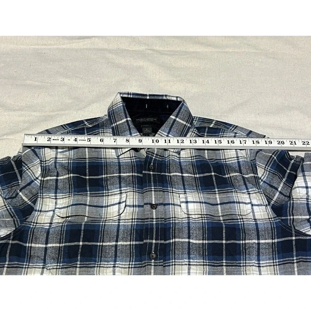 Banana Republic Flannel Shirt‎ Mens Large Blue Plaid Elbow Patch Organic Cotton